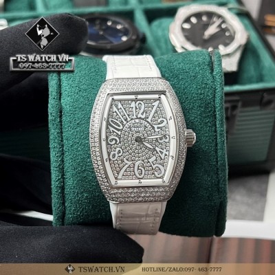 Franck Muller Vanguard Ladies V32 Sliver Đính Full Đá Swarovski Dây Trắng ABF Factory Rep 1:1