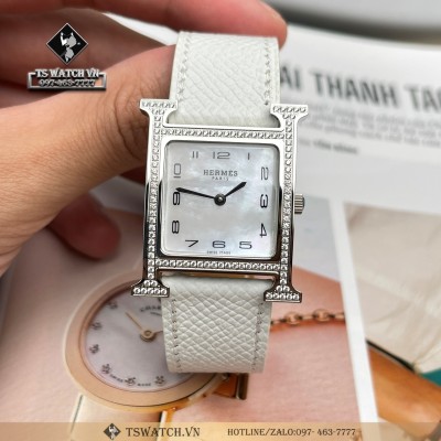 Hermes Heure H Ladies 26x26MM Mother Peal Dial Benzel Diamond Leather Strap Rep 1:1