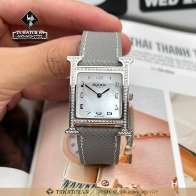 Hermes Heure H Ladies 26x26MM Mother Peal Dial Benzel Diamond Grey Leather Strap Rep 1:1