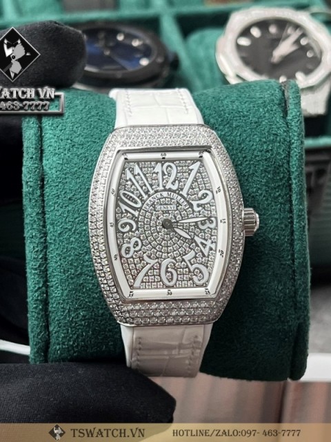 Franck Muller Vanguard Ladies V32 Sliver Đính Full Đá Swarovski Dây Trắng ABF Factory Rep 1:1