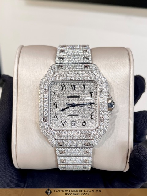 Cartier Santos Large Fully Iced Out With Diamonds and Arabic Dial WSSA0030 BV Factory